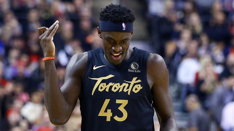 Pascal Siakam celebrates a basket during Toronto's win over the New York Knicks