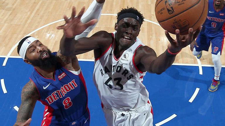 Pascal Siakam attacks the basket against Detroit