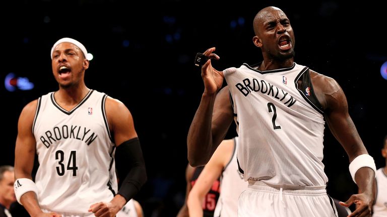 Paul Pierce and Kevin Garnett celebrate a Brooklyn Nets win