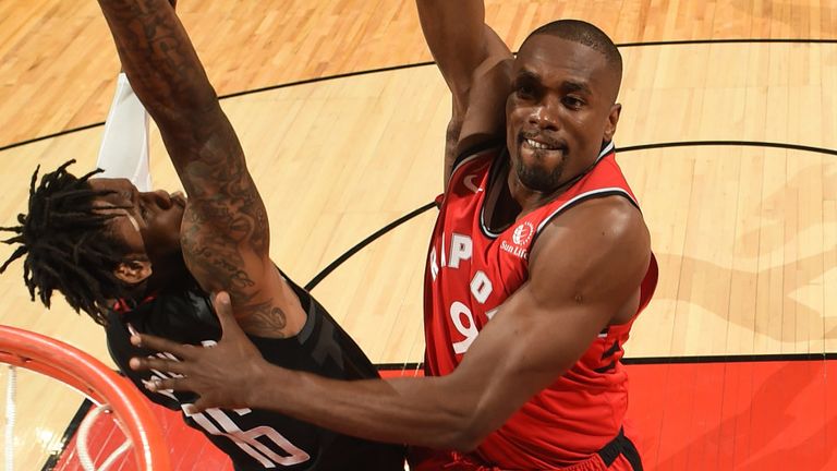 Serge Ibaka soars for a huge dunk in the Raptors&#39; loss to the Rockets