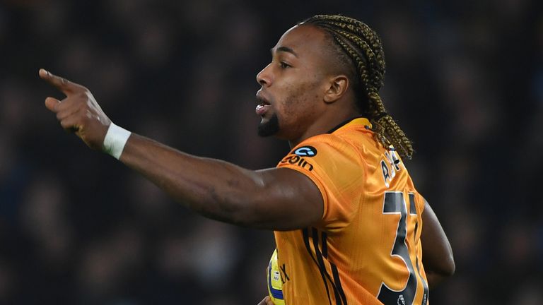 Adama Traore celebrates scoring for Wolves against Manchester City