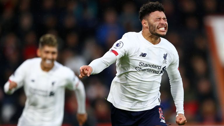Alex Oxlade-Chamberlain celebrates after giving Liverpool the lead at Vitality Stadium
