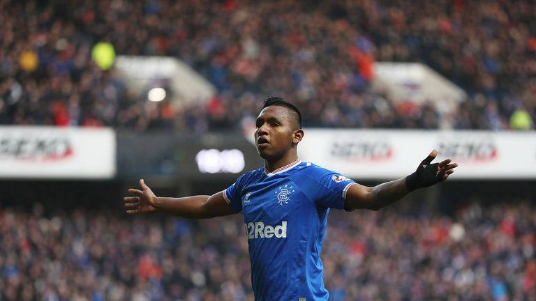 Alfredo Morelos celebrates his 25th goal of the season for Rangers