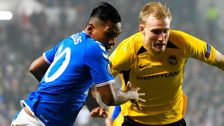 Alfredo Morelos and Fredenik Sorensen in action during Rangers vs Young Boys