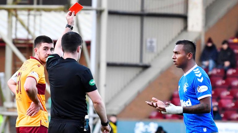 Rangers' Alfredo Morelos is red carded by referee Don Robertson during the Ladbrokes Premiership match between Motherwell