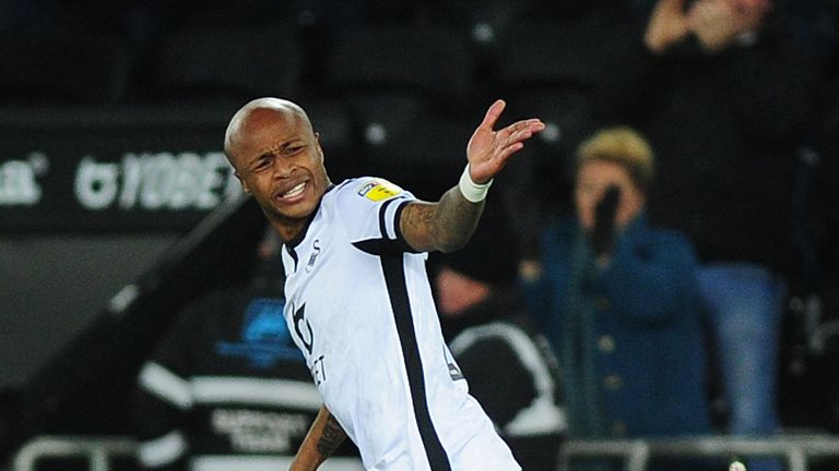 SWANSEA, WALES - DECEMBER 11: Andre Ayew of Swansea City celebrates scoring his side's equalising goal to make the score 1-1 during the Sky Bet Championship match between Swansea City and Blackburn Rovers at the Liberty Stadium on December 11, 2019 in Swansea, Wales. (Photo by Athena Pictures/Getty Images)