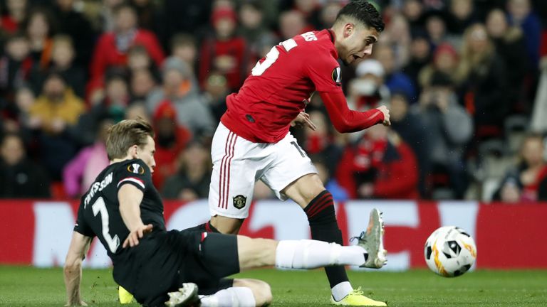 Andreas Pereira is tackled during the Europa League tie between Manchester United and AZ Alkmaar
