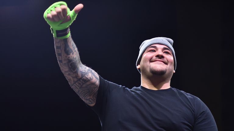 Mexican-American heavyweight boxing champion Andy Ruiz Jr gestures during a workout at Digital City in the Saudi capital Riyadh, on December 3, 2019, ahead of the upcoming &#34;Clash on the Dunes&#34;. - The hotly-anticipated rematch between Ruiz Jr and British challenger Anthony Joshua is scheduled to take place in Diriya, near the Saudi capital on December 7