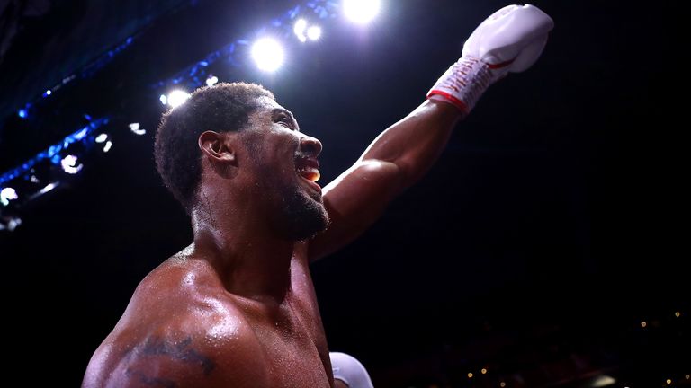 DIRIYAH, SAUDI ARABIA - DECEMBER 07: Anthony Joshua celebrates victory over Andy Ruiz Jr during the IBF, WBA, WBO & IBO World Heavyweight Title Fight between Andy Ruiz Jr and Anthony Joshua during the Matchroom Boxing &#39;Clash on the Dunes&#39; show at the Diriyah Season on December 07, 2019 in Diriyah, Saudi Arabia (Photo by Richard Heathcote/Getty Images)