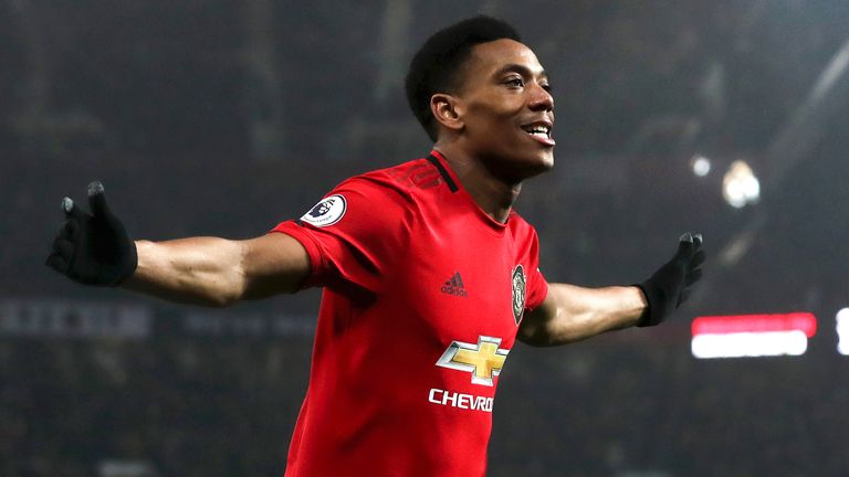 Anthony Martial celebrates scoring Man Utd's fourth goal, his second of the match