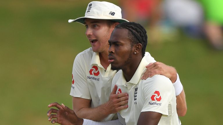 England bowler Jofra Archer celebrates with Stuart Broad after taking the wicket of Faf du Plessis