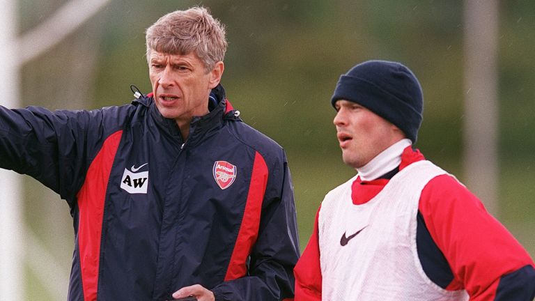 Arsene Wenger with Freddie Ljungberg in Arsenal training