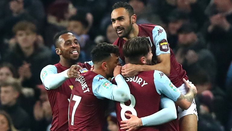 Aston Villa celebrate after Conor Hourihane scores against Liverpool in Carabao Cup quarter-final