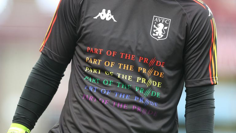 BIRMINGHAM, ENGLAND - DECEMBER 08: A detailed view of rainbow branding on the warm up shirt of Tom Heaton of Aston Villa prior to the Premier League match between Aston Villa and Leicester City at Villa Park on December 08, 2019 in Birmingham, United Kingdom. (Photo by Catherine Ivill/Getty Images)
