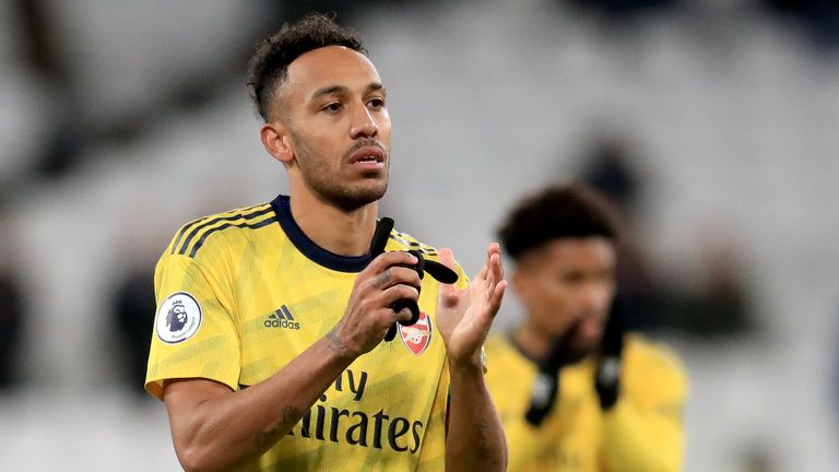 Arsenal&#39;s Pierre-Emerick Aubameyang applauds the fans after the final whistle during the Premier League match at the London Stadium, London. PA Photo. Picture date: Monday December 9, 2019. See PA story SOCCER West Ham. Photo credit should read: Adam Davy/PA Wire. RESTRICTIONS: EDITORIAL USE ONLY No use with unauthorised audio, video, data, fixture lists, club/league logos or "live" services. Online in-match use limited to 120 images, no video emulation. No use in betting, games or single club/league/player publications.