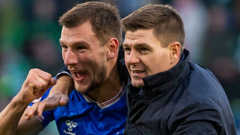 Rangers manager Steven Gerrard celebrates with Borna Barisic at full time