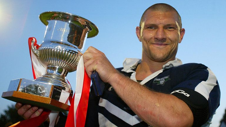 Lancashire captain Barrie McDermott (Leeds) holds the Origin trophy after their victory over Yorkshire, during their Origin Series, 2nd leg at Headingley, Leeds.