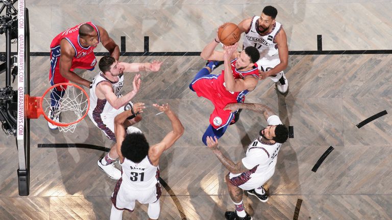 Ben Simmons of the Philadelphia 76ers shoots the ball against the Brooklyn Nets