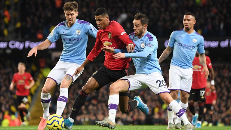 Bernardo Silva fouls Marcus Rashford resulting in a penalty for Manchester United