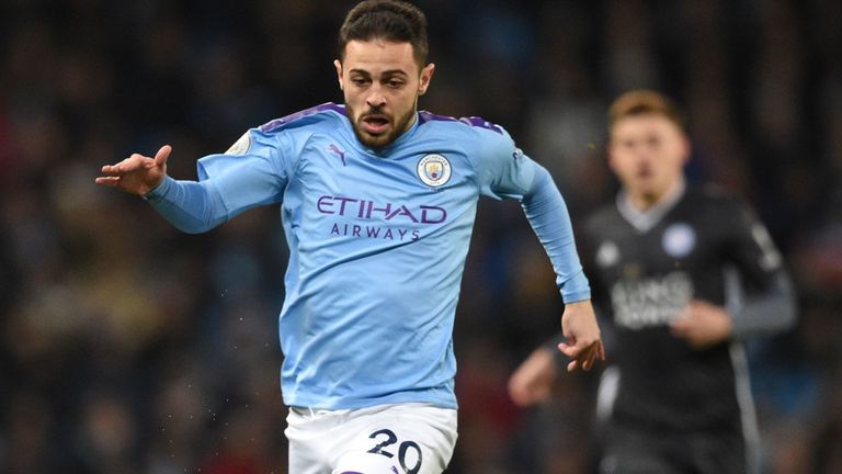 Bernardo Silva in Premier League action vs Leicester at the Etihad Stadium