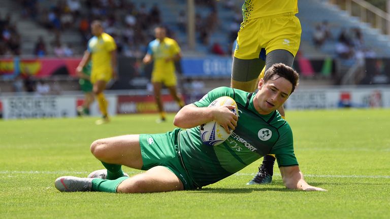 COLOMIERS, FRANCE - JULY 13: Billy Dardis of Ireland dives over for a try during the Group B match between Ireland and Ukraine on day one of the Mens 7s Olympic Games Regional Qualification at Stade Michel Bendichou on July 13, 2019 in Colomiers, France. (Photo by Dan Mullan/Getty Images)