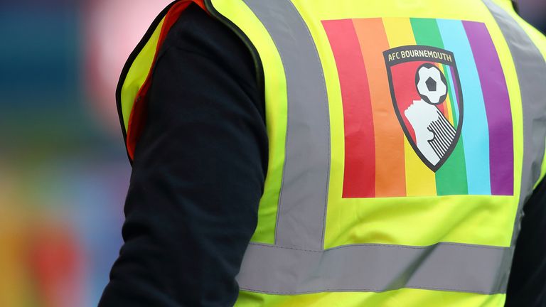 BOURNEMOUTH, ENGLAND - DECEMBER 07: A Bournemouth steward in a rainbow laces campaign branded florence jacket during the Premier League match between AFC Bournemouth and Liverpool FC at Vitality Stadium on December 7, 2019 in Bournemouth, United Kingdom. (Photo by James Williamson - AMA/Getty Images)