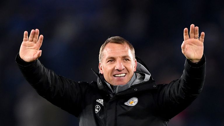 Brendan Rodgers celebrates after Sunday's win over Everton