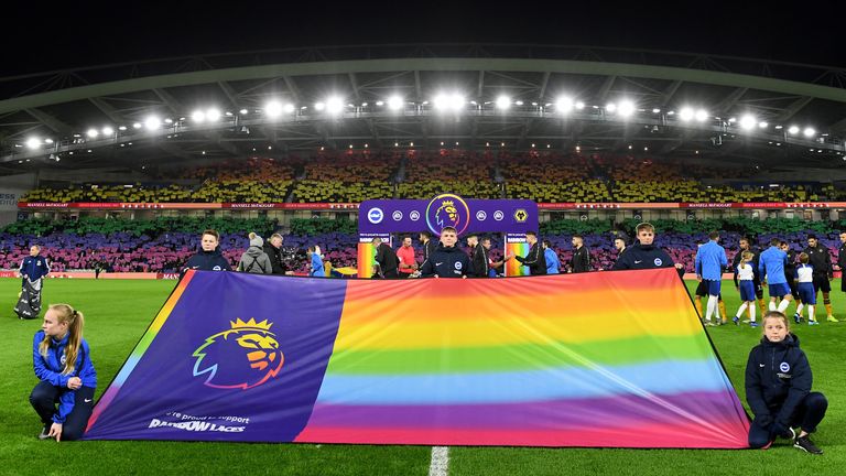 BRIGHTON, ENGLAND - DECEMBER 08: The Amex Stadium of Brighton and Hove Albion in support of Rainbow Laces and stonewall during the Premier League match between Brighton & Hove Albion and Wolverhampton Wanderers at American Express Community Stadium on December 8, 2019 in Brighton, United Kingdom. (Photo by Sam Bagnall - AMA/Getty Images)