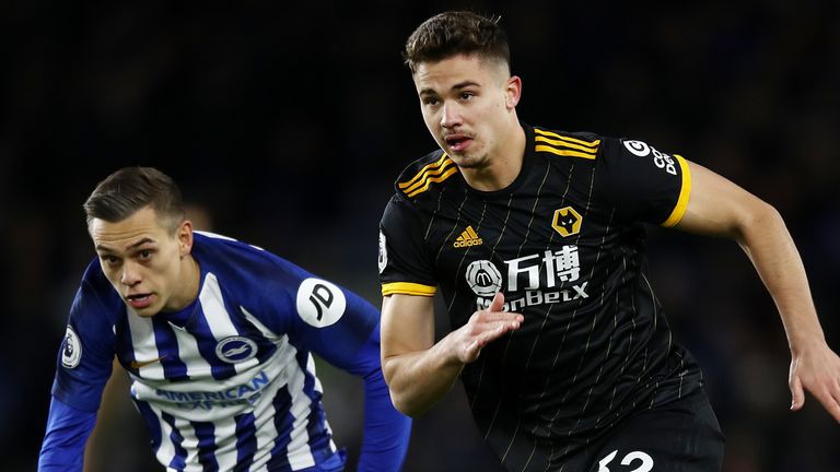 BRIGHTON, ENGLAND - DECEMBER 08: Leander Dendoncker of Wolverhampton Wanderers battles for possession with Leondro Trossard of Brighton and Hove Albion during the Premier League match between Brighton & Hove Albion and Wolverhampton Wanderers at American Express Community Stadium on December 08, 2019 in Brighton, United Kingdom. (Photo by Bryn Lennon/Getty Images)