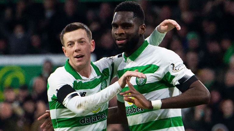 Callum McGregor (L) and goalscorer Odsonne Edouard celebrate Celtic's second against Hibernian