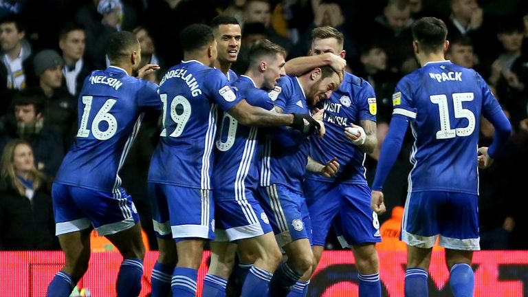 Cardiff City players celebrate the 3-3 equaliser during the Sky Bet Championship match at Elland Road, Leeds. PA Photo. Picture date: Saturday December 14, 2019. See PA story SOCCER Leeds. Photo credit should read: Richard Sellers/PA Wire. RESTRICTIONS: EDITORIAL USE ONLY No use with unauthorised audio, video, data, fixture lists, club/league logos or "live" services. Online in-match use limited to 120 images, no video emulation. No use in betting, games or single club/league/player publications.