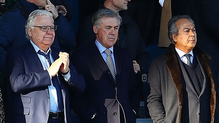 Ancelotti pictured with chairman Bill Kenwright and owner Farhad Moshiri