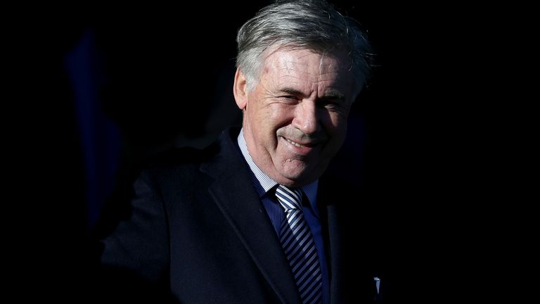 Carlo Ancelotti in the stands at Goodison Park