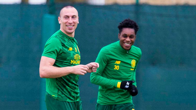 Celtic&#39;s Scott Brown (L) and .Jeremie Frimpong during a training session at Lennoxtown