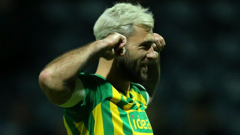 PRESTON, ENGLAND - DECEMBER 02: Charlie Austin of West Bromwich Albion celebrates scoring his sides first goal during the Sky Bet Championship match between Preston North End and West Bromwich Albion at Deepdale on December 02, 2019 in Preston, England. (Photo by Lewis Storey/Getty Images)