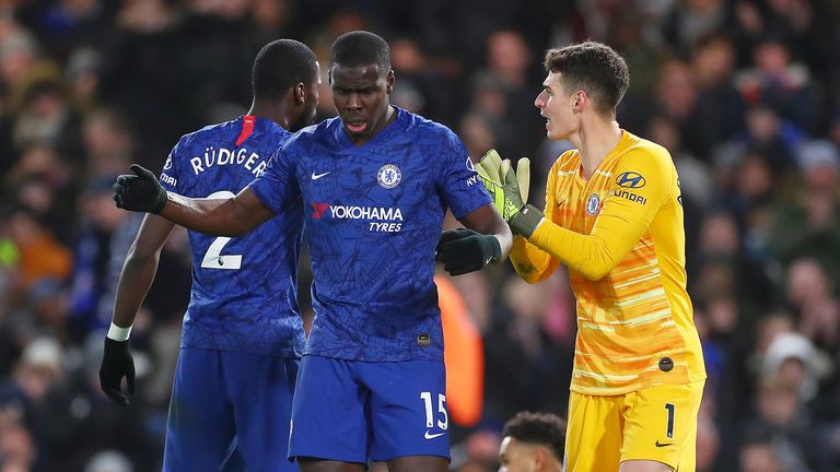 Kurt Zouma and Kepa Arrizabalaga of Chelsea react during the Premier League match between Chelsea FC and AFC Bournemouth at Stamford Bridge on December 14, 2019 in London, United Kingdom.