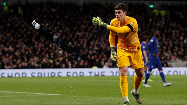 Kepa Arrizabalaga narrowly avoided being hit by a cup during Chelsea's 2-0 win over Tottenham