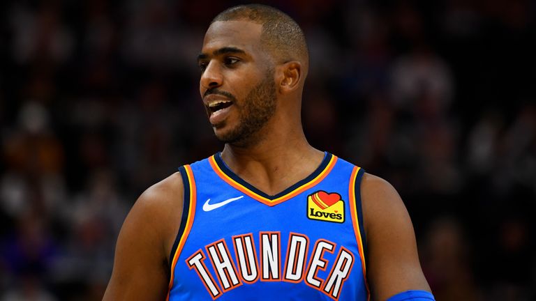Chris Paul of the Oklahoma City Thunder looks on during a game against the Utah Jazz
