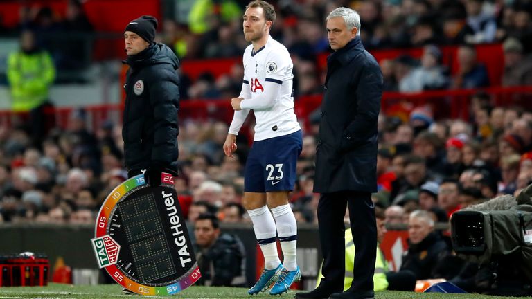 Tottenham Hotspur's Christian Eriksen on the touchline with Tottenham Hotspur manager Jose Mourinho as he is substituted on during the Premier League match at Old Trafford, Manchester. PA Photo. Picture date: Wednesday December 4, 2019. See PA story SOCCER Man Utd. Photo credit should read: Martin Rickett/PA Wire. RESTRICTIONS: EDITORIAL USE ONLY No use with unauthorised audio, video, data, fixture lists, club/league logos or "live" services. Online in-match use limited to 120 images, no video emulation. No use in betting, games or single club/league/player publications.