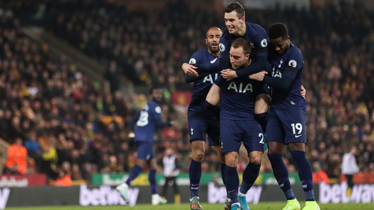 Christian Eriksen of Tottenham Hotspur celebrates after scoring a goal to make it 1-1