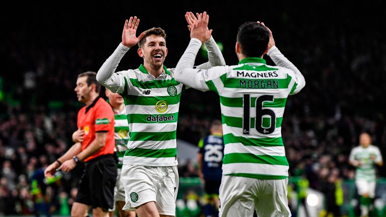 Celtic's Ryan Christie (L) celebrates his goal with Lewis Morgan