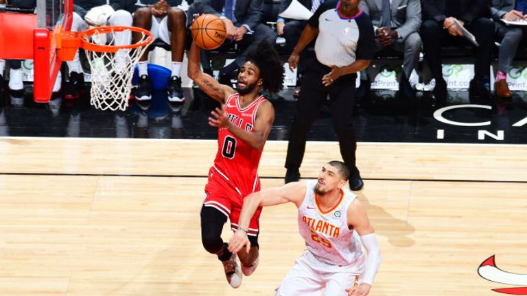  Coby White of the Chicago Bulls drives to the basket during the game against the Atlanta Hawks