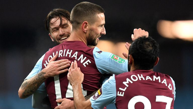 Conor Hourihane celebrates with team-mate Henri Lansbury after scoring Aston Villa's first goal