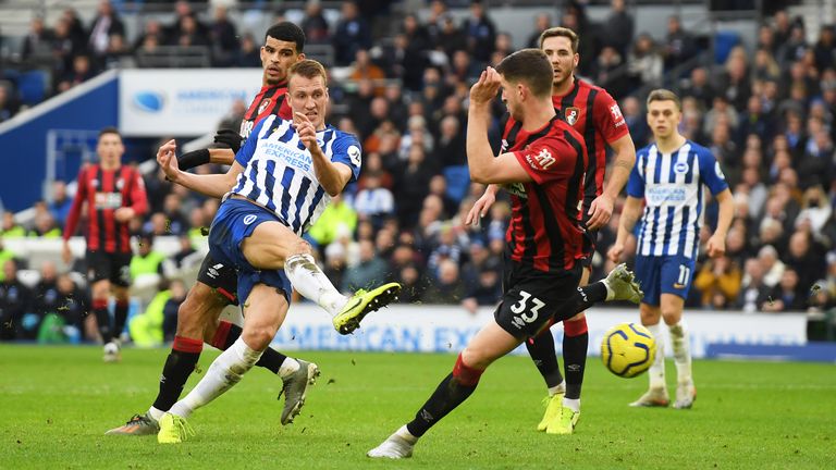 Dan Burn scores Brighton's second, but his goal is later ruled out for offside by VAR