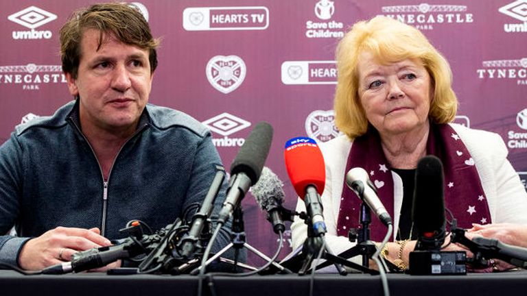 Daniel Stendel and Ann Budge speak to the media on Tuesday at the unveiling of the new Hearts boss