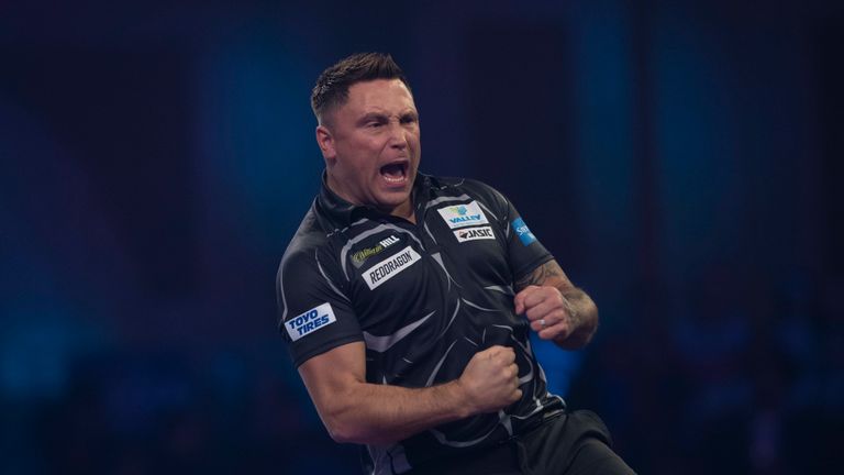 Gerwyn Price celebrates during his semi-final match against Peter Wright