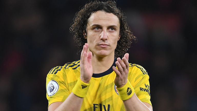 Arsenal&#39;s David Luiz applauds the away fans following their draw at Bournemouth.