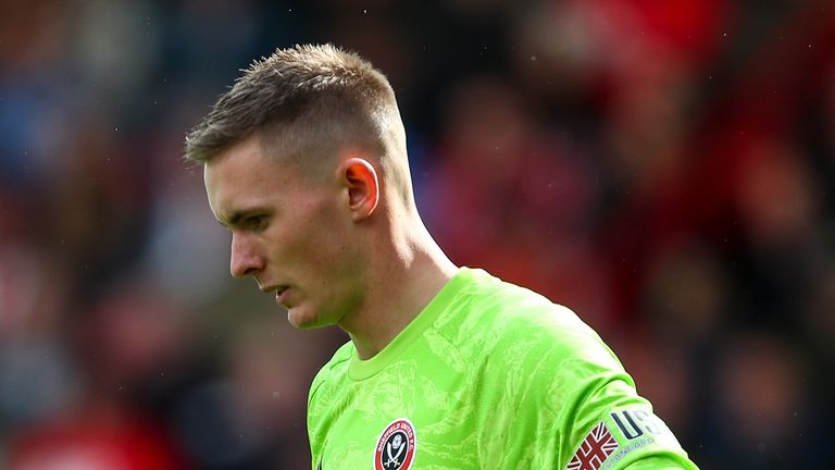 Dean Henderson of Sheffield United during the Premier League match between Sheffield United and Liverpool FC at Bramall Lane on September 28, 2019 in Sheffield, United Kingdom.