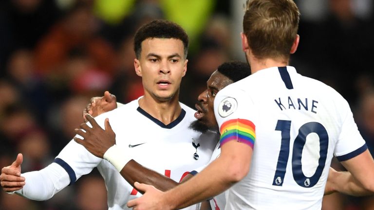 Dele Alli celebrates his equaliser with Serge Aurier and Harry Kane