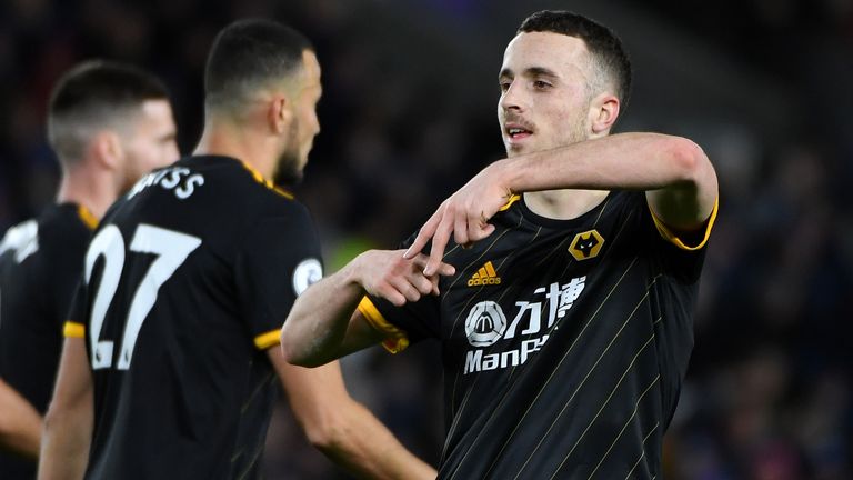 BRIGHTON, ENGLAND - DECEMBER 08: Diogo Jota of Wolverhampton Wanderers celebrates after scoring a goal to make it 0-1 during the Premier League match between Brighton & Hove Albion and Wolverhampton Wanderers at American Express Community Stadium on December 8, 2019 in Brighton, United Kingdom. (Photo by Sam Bagnall - AMA/Getty Images)